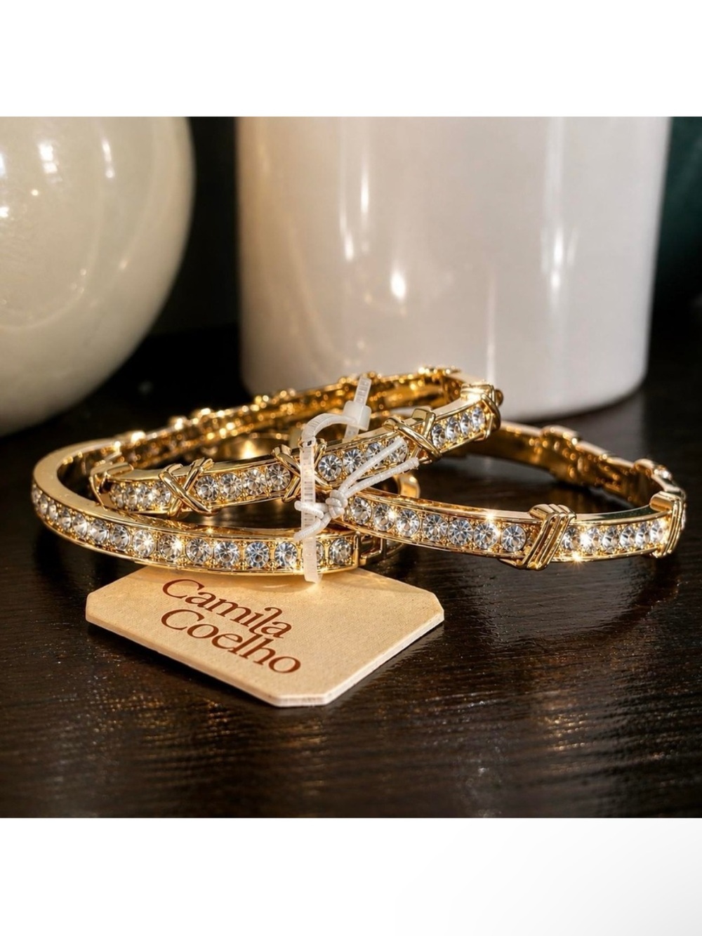 Camila Coelho Bangles Women OS Gold NWT Set of 3 Crystal Hinged Glam Jewelry